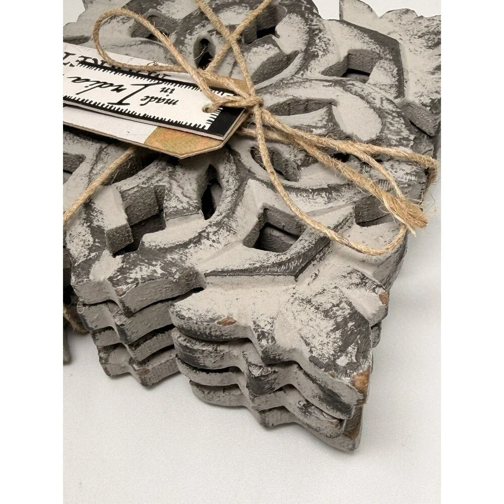 Artisan Market Hand Carved Wood Coasters Gray Distressed Set of 4 Farmhouse 4x4